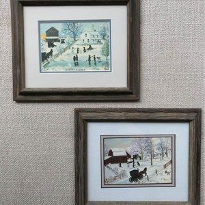 Set of 2 Vintage Wood Framed Winter Landscape Prints